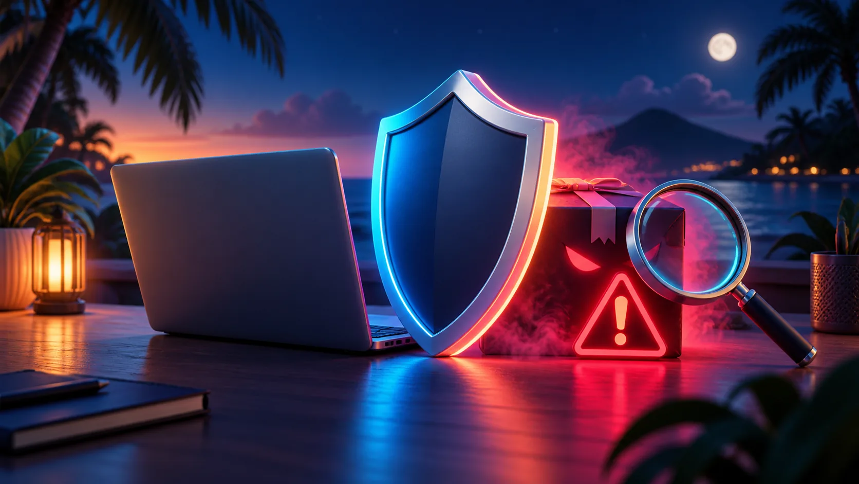 3D cartoon safety shield blocking a suspicious package and wallet prompt