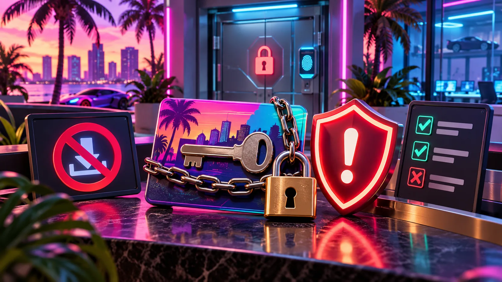 3D cartoon neon security desk with locked beta key, blocked download icon and warning shield