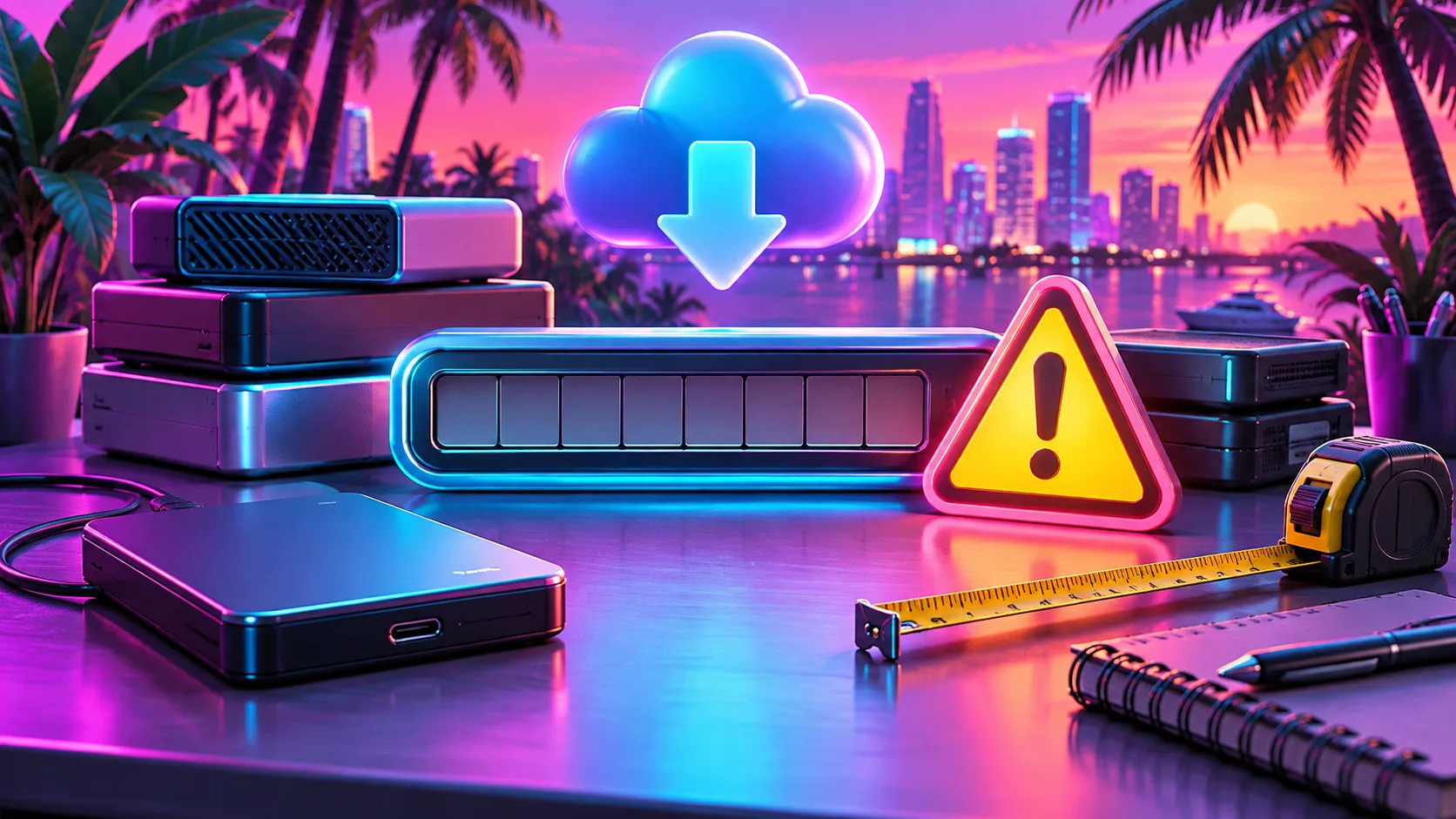 3D cartoon neon storage desk with empty size meter, external drive and warning triangle
