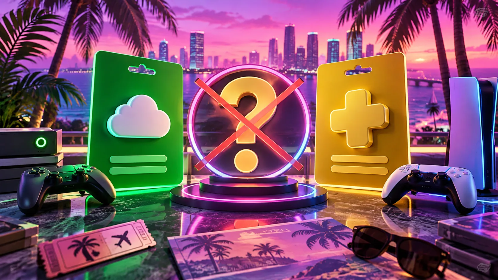 3D cartoon neon subscription cards with a crossed question mark and abstract console tokens