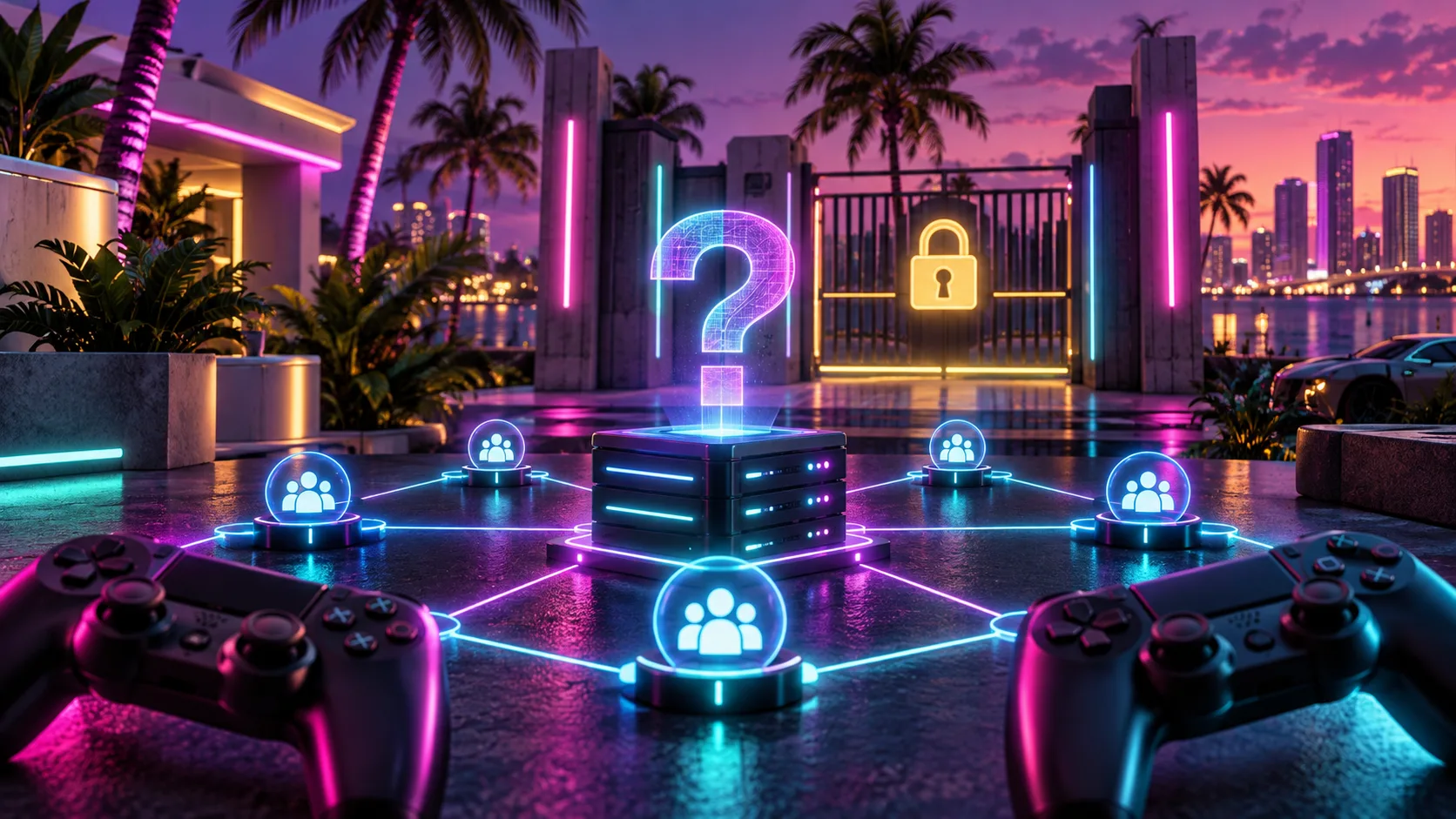 3D cartoon neon network desk with connected player nodes and a locked online lobby gate