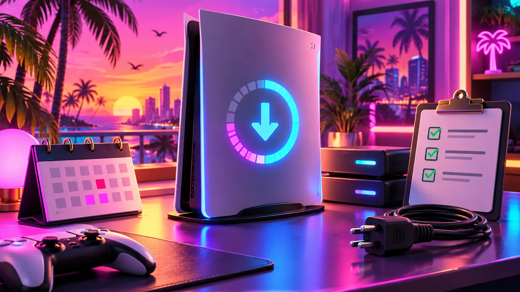 3D cartoon neon console download setup with progress ring, calendar and checklist