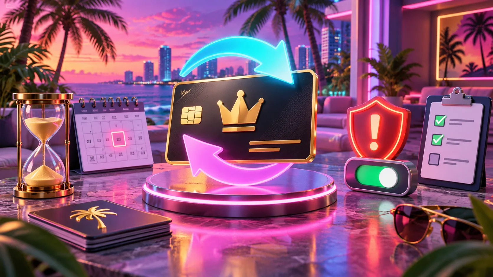 3D cartoon neon subscription card with renewal arrows, calendar and warning shield