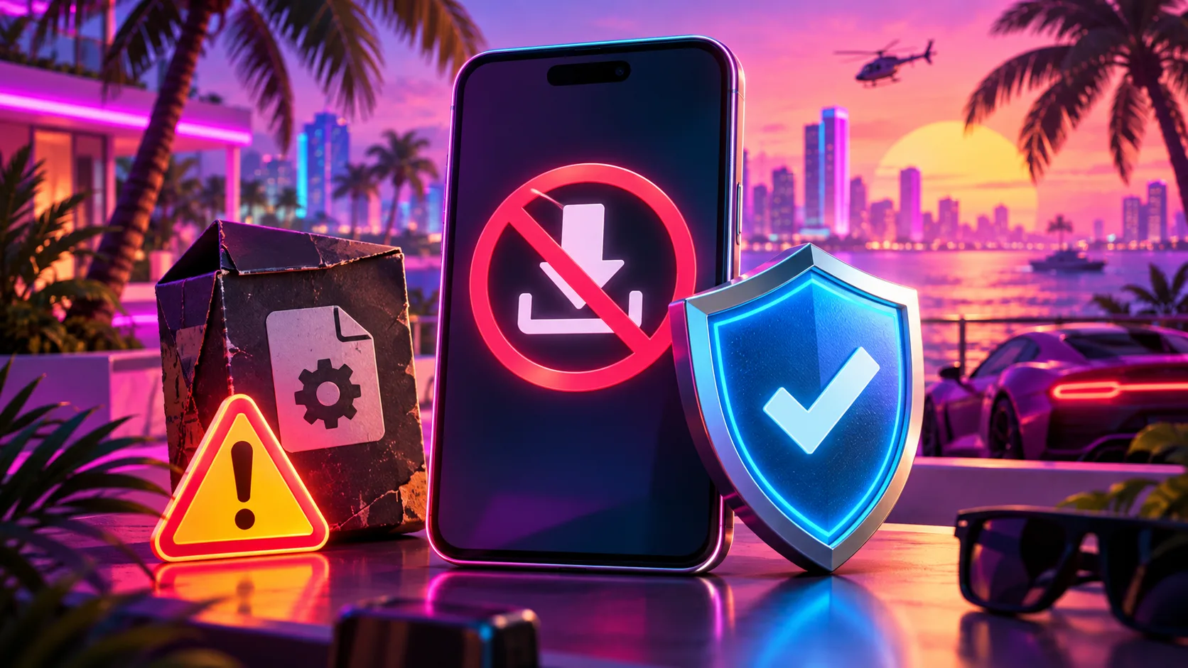 3D cartoon neon phone safety desk blocking a fake mobile download with a shield
