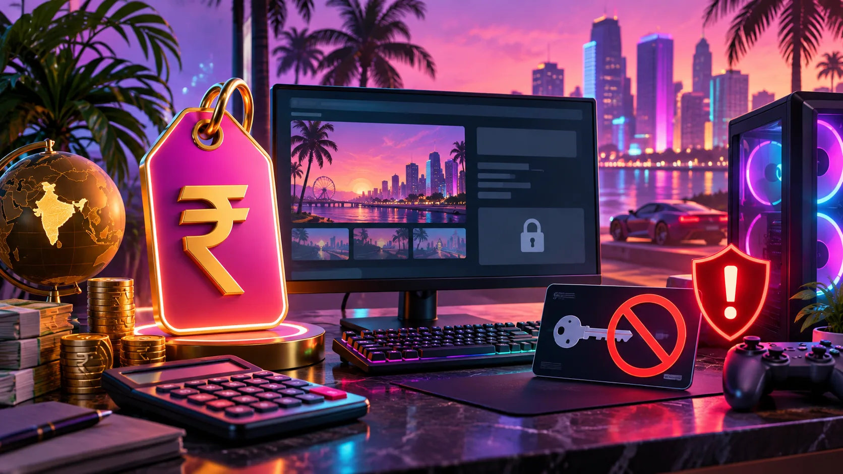 3D cartoon neon PC price desk with rupee tag, locked store panel and warning shield