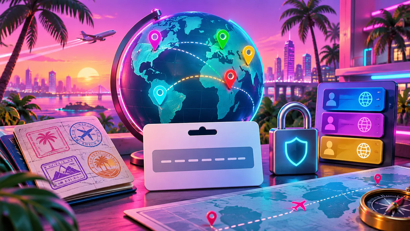 3D cartoon neon travel desk with globe, blank code card, region pins and lock