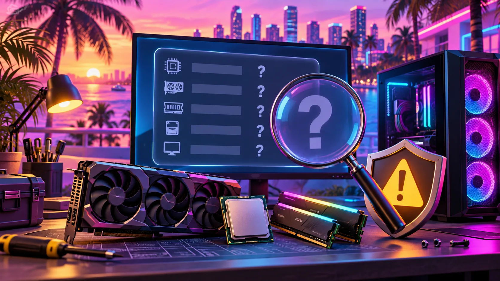 3D cartoon neon PC workbench with GPU, CPU, blank specs panel and magnifying glass