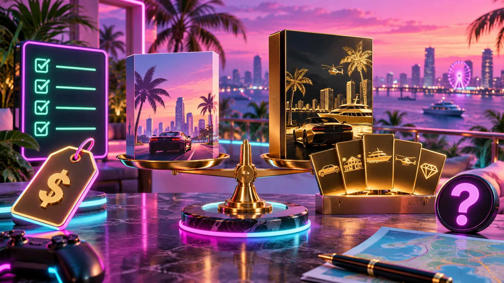 3D cartoon neon buying desk comparing two unbranded game editions on a scale