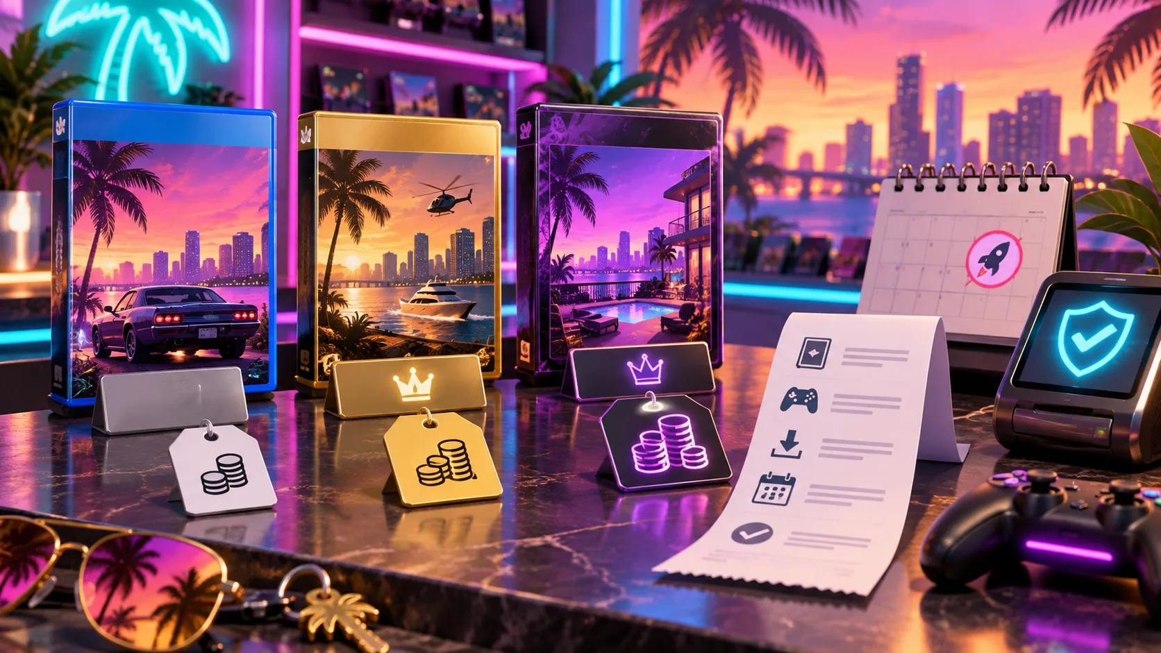 3D cartoon neon preorder desk with game boxes, edition cards, receipt and launch calendar