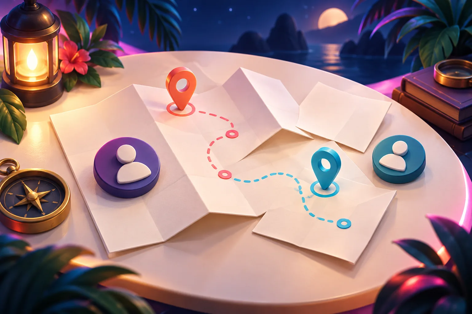 3D cartoon travel board showing a fictional neon coast and anonymous character tokens