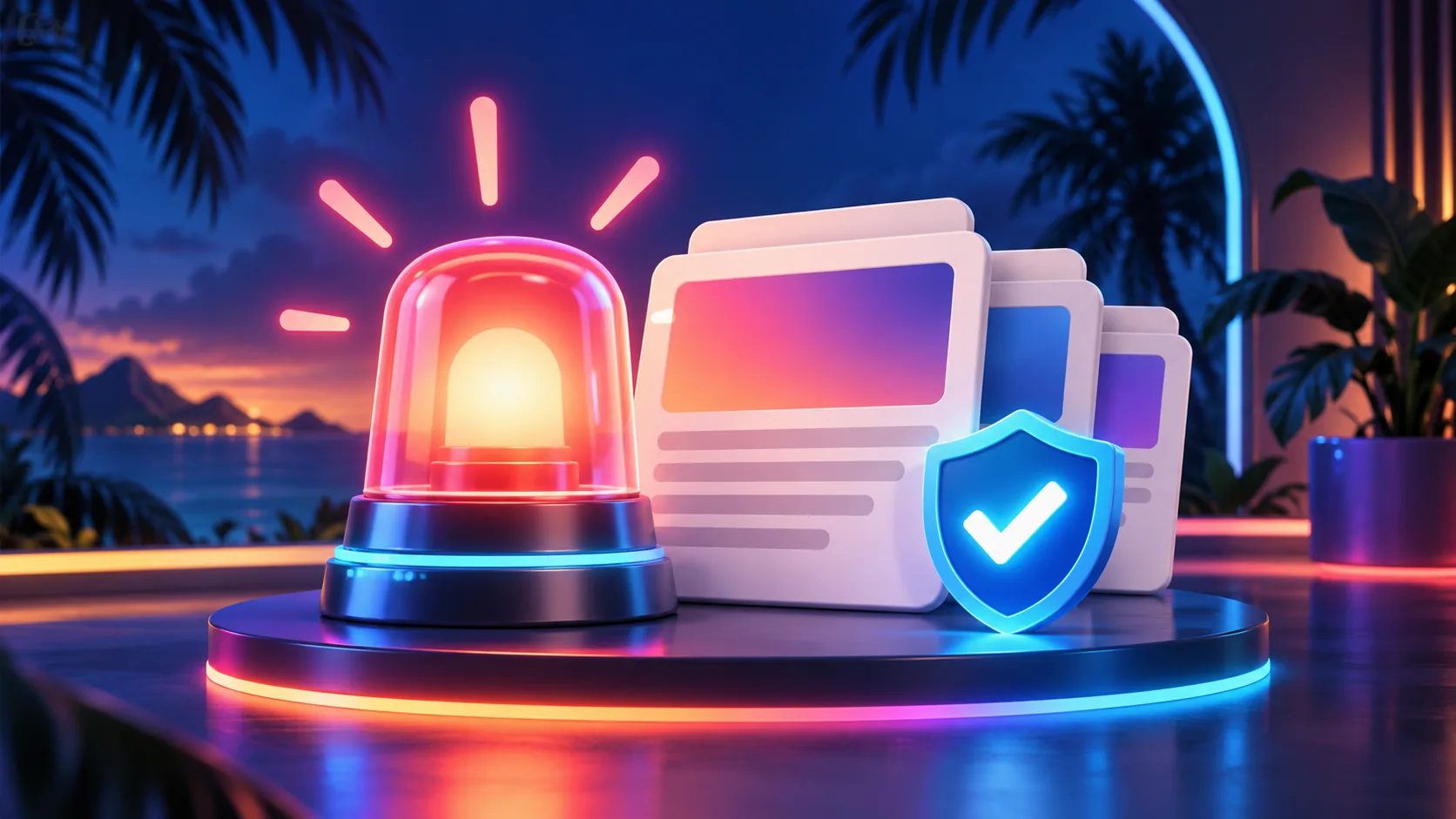 3D cartoon newsroom cards glowing above a clean tropical neon desk