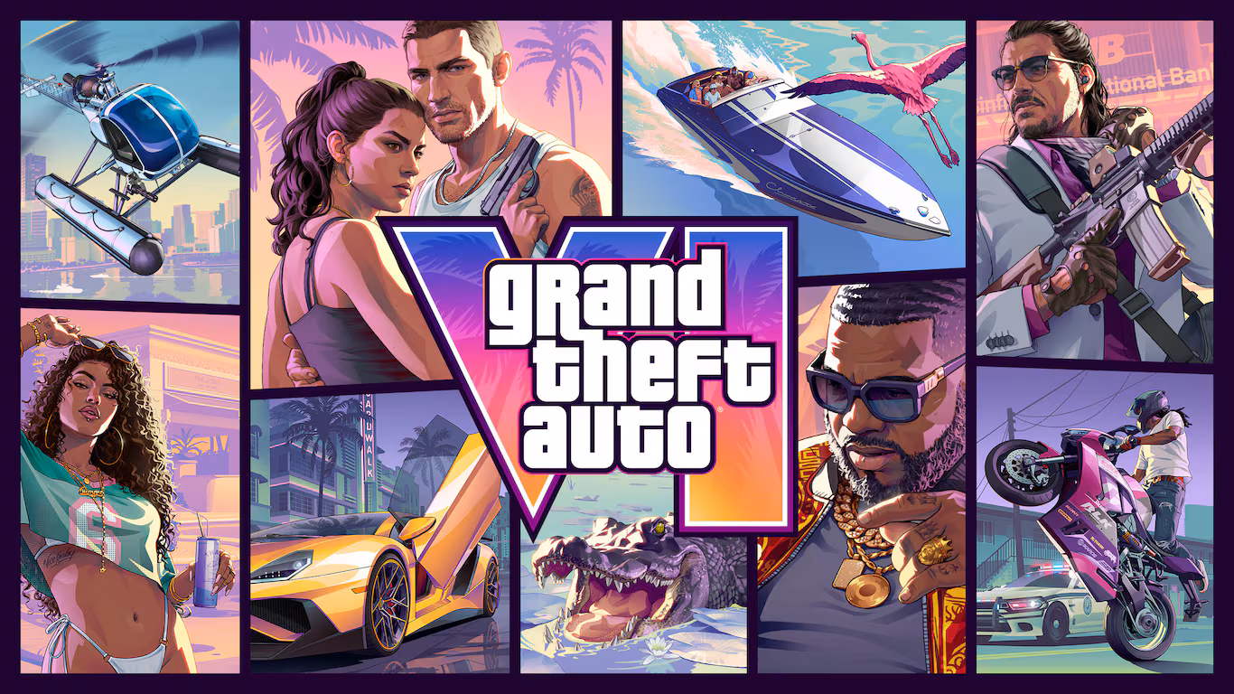 Official Grand Theft Auto VI cover artwork featuring Jason, Lucia and scenes from Leonida